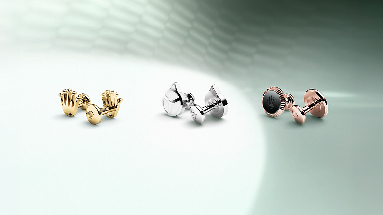 Rolex Three cufflinks in 18 ct yellow, white, and Everose gold.